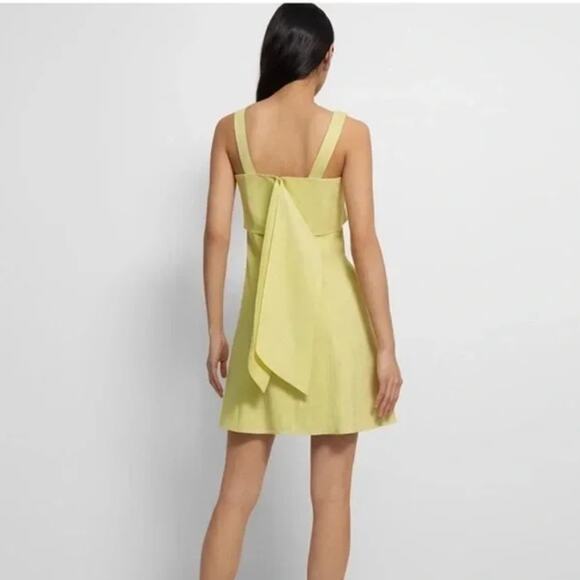 Theory Dress Womens 4 Small Good Linen Drape Back Mini Lime Yellow Sleeveless - Picture 2 of 10